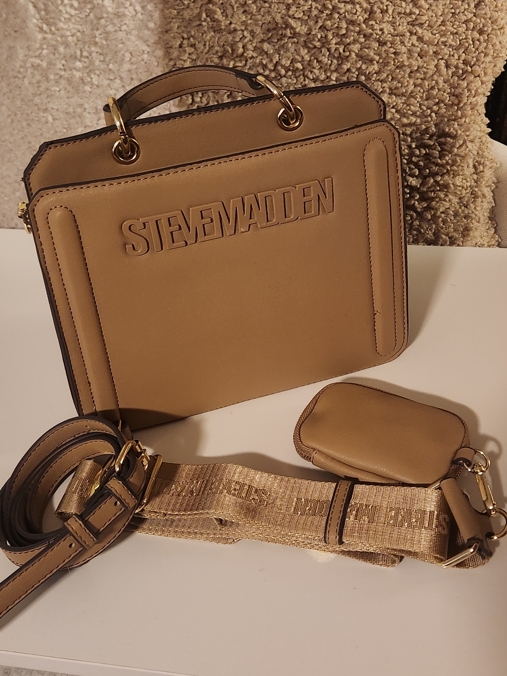 Steve Madden Tan Logo Crossbody Set w/ Wide Strap & Mini Pouch | Gold Hardware